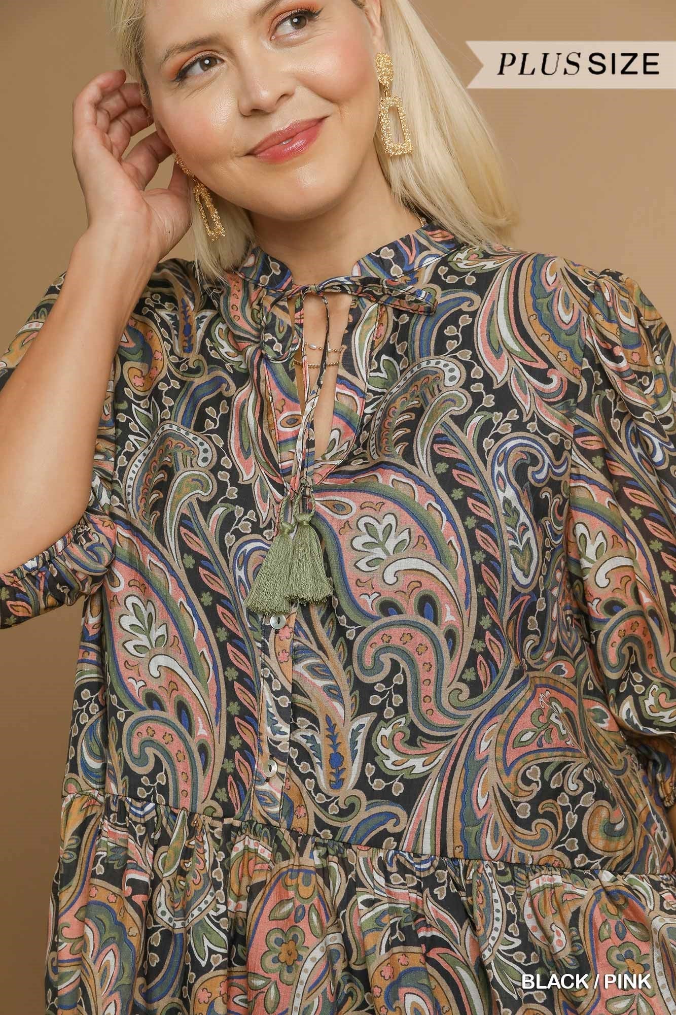  Bailey Printed Ruffle Hem Blouse, Black/Pink | Plus Size