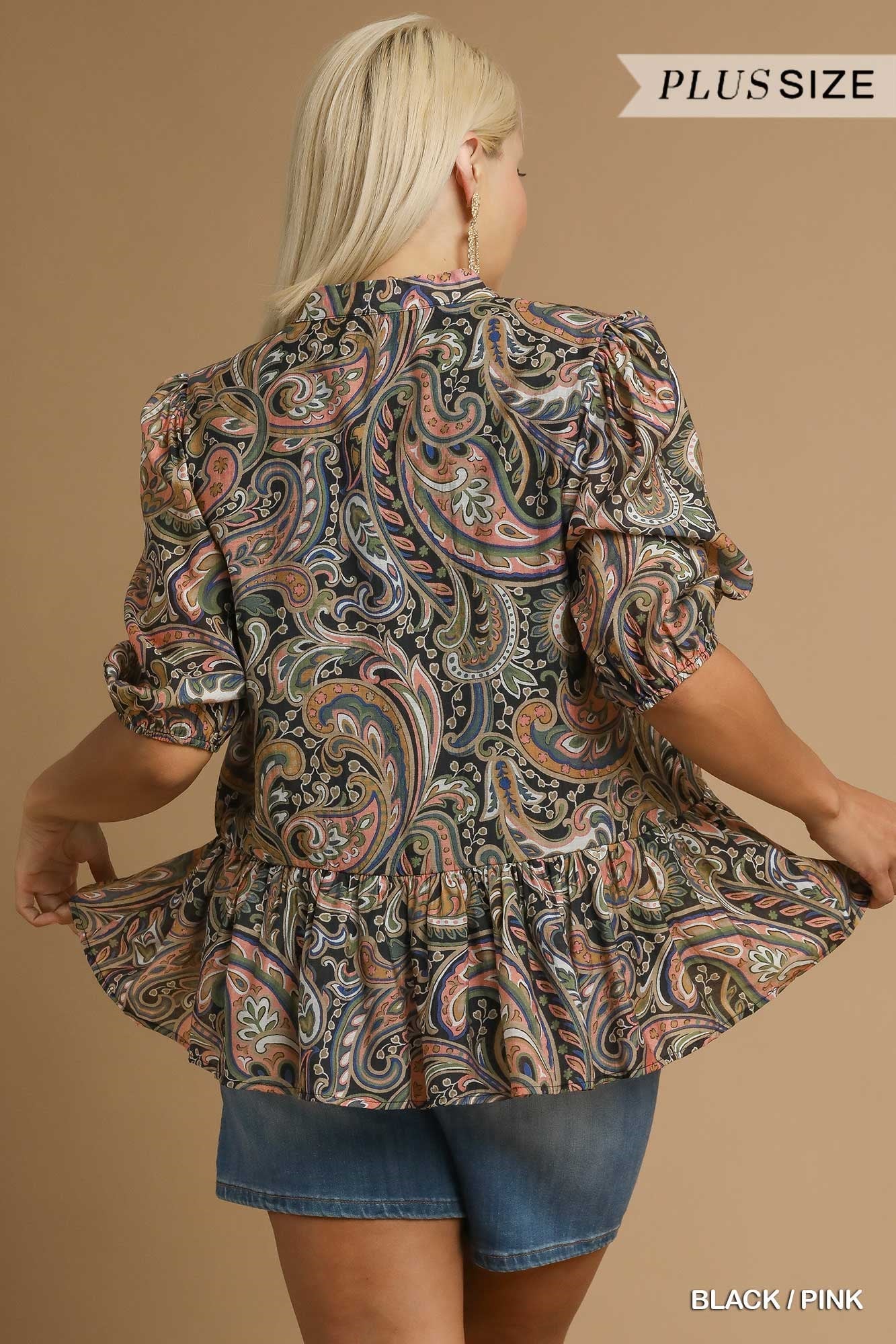  Bailey Printed Ruffle Hem Blouse, Black/Pink | Plus Size