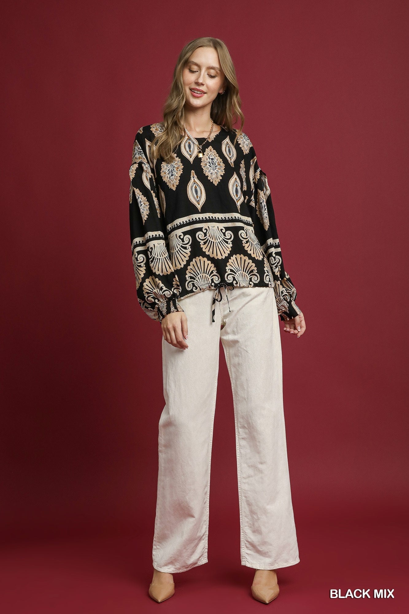 Kehlani Boho Print Blouse, Black Mix
