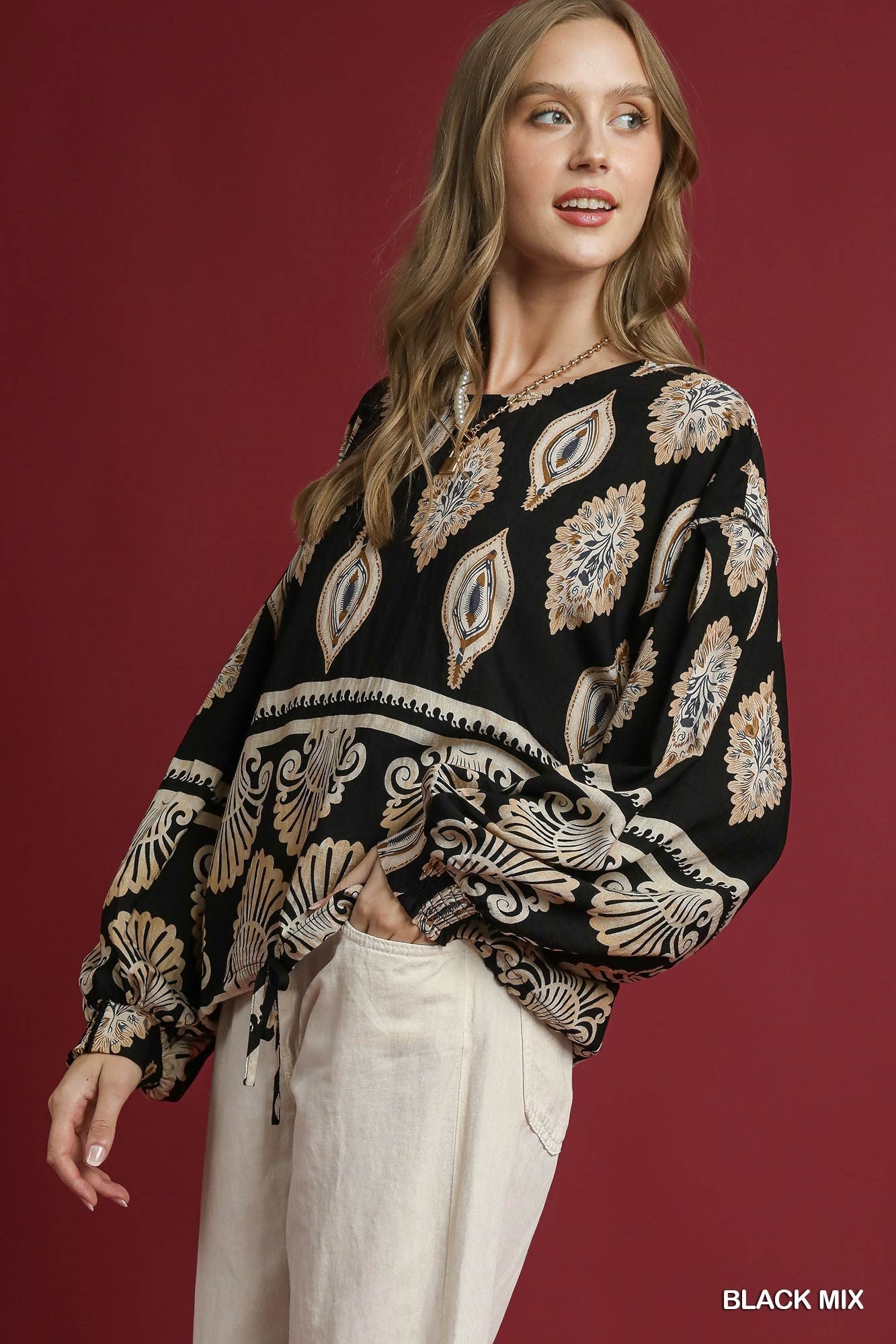 Kehlani Boho Print Blouse, Black Mix