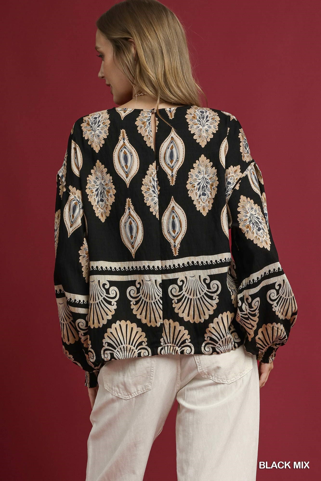  Kehlani Boho Print Blouse, Black Mix