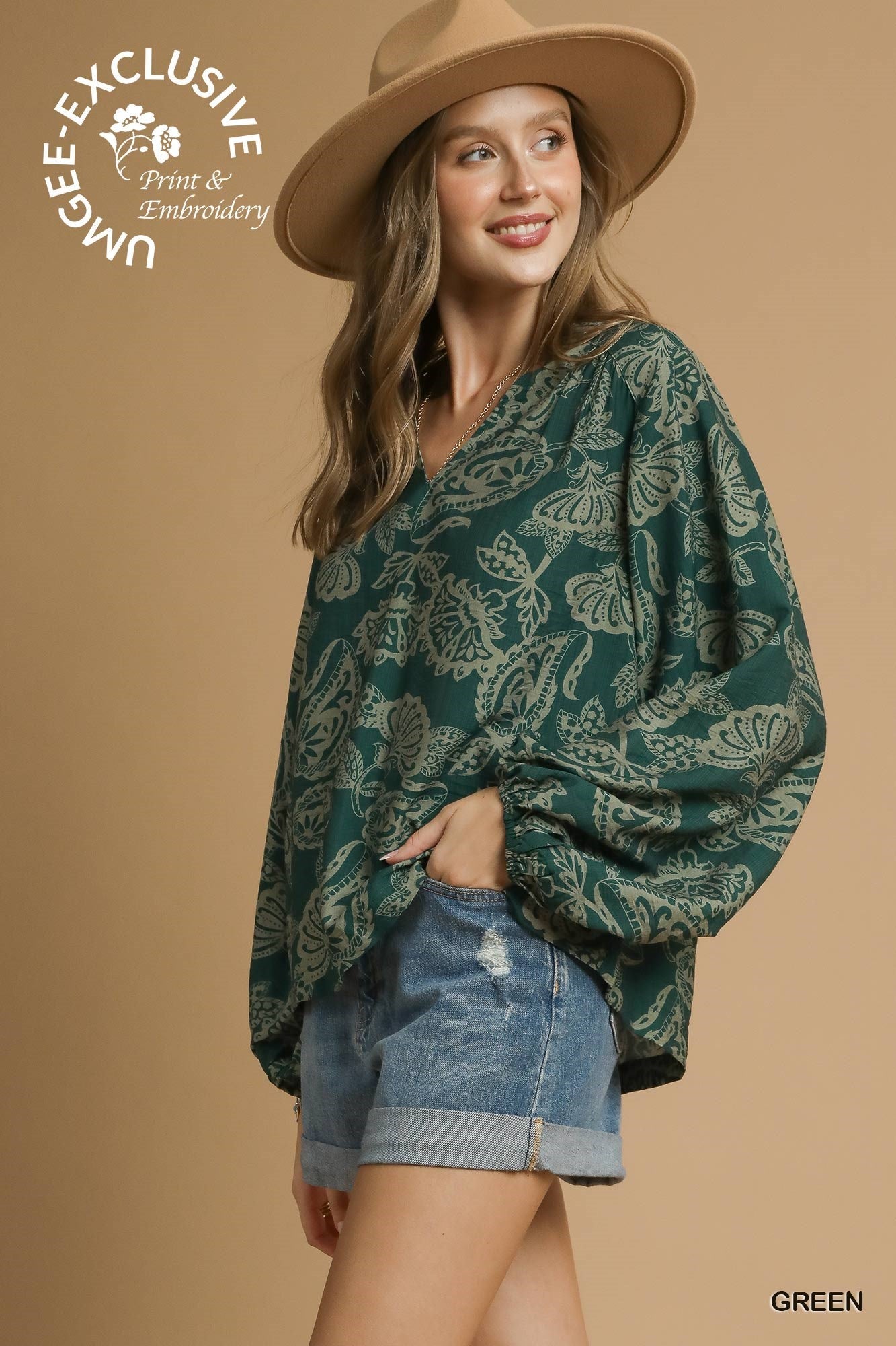  Ariella Balloon Sleeve Blouse, Green