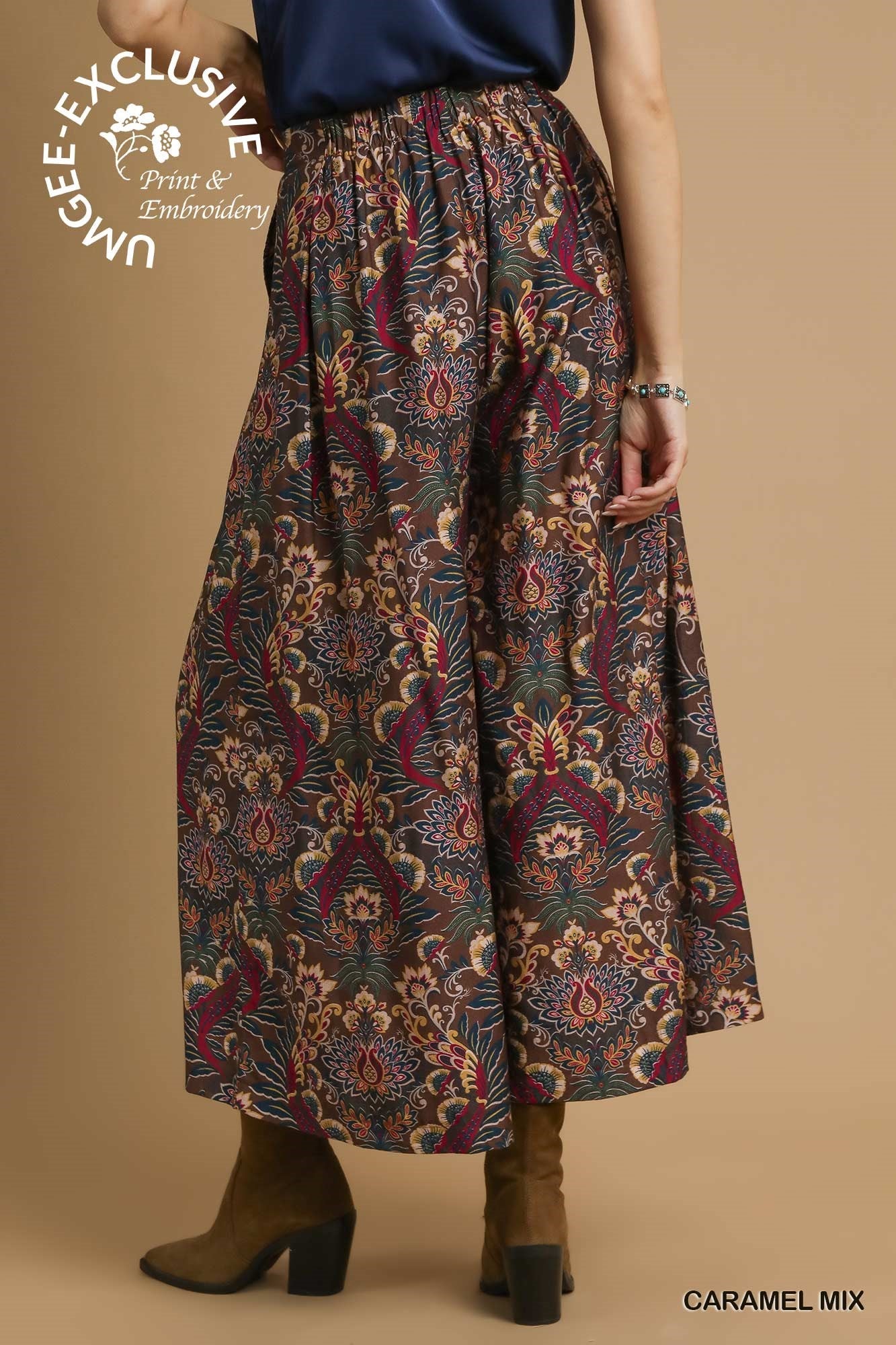  Ariah Printed Elastic Waist Pants, Caramel Mix
