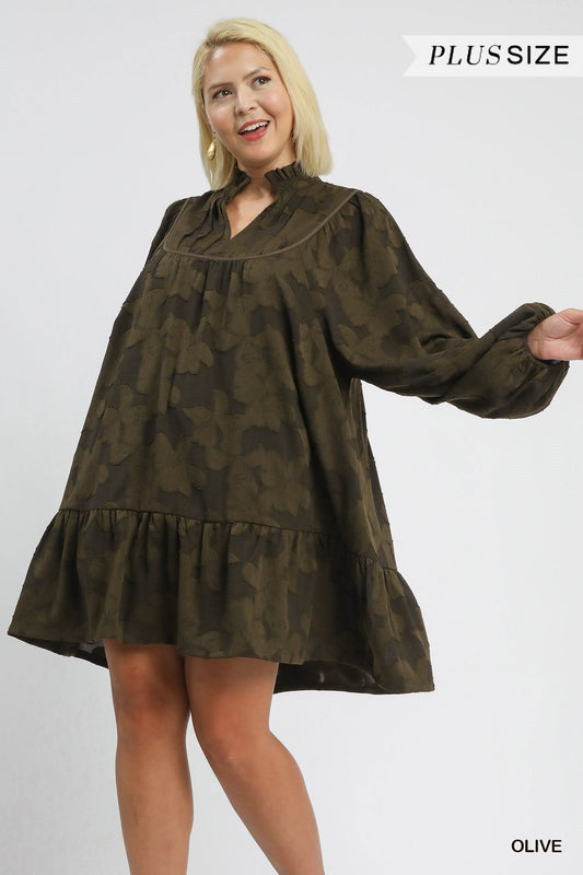  Arlette Jacquard Ruffle Detail Dress, Olive | Plus Size