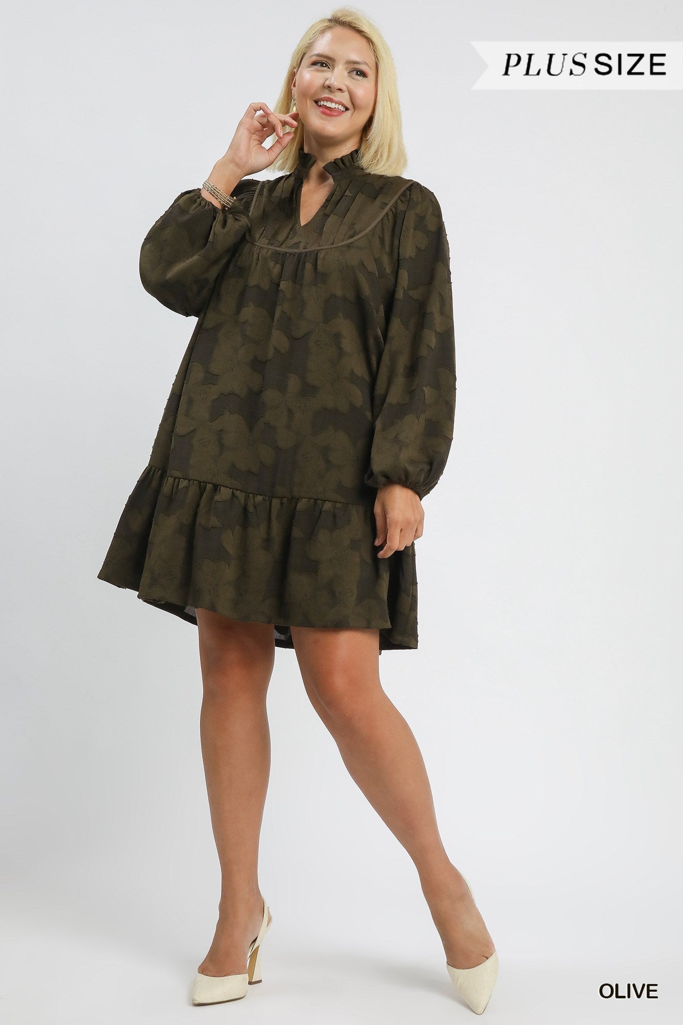  Arlette Jacquard Ruffle Detail Dress, Olive | Plus Size