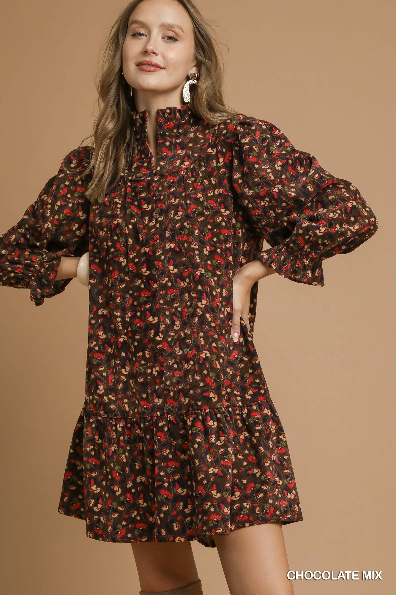 Arianna Corduroy Printed Dress, Chocolate Mix