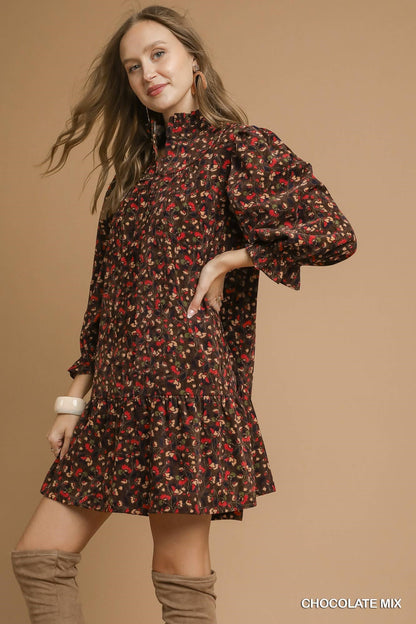  Arianna Corduroy Printed Dress, Chocolate Mix