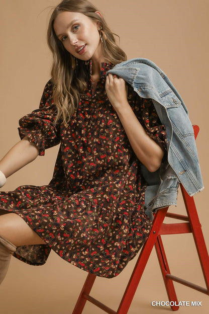  Arianna Corduroy Printed Dress, Chocolate Mix