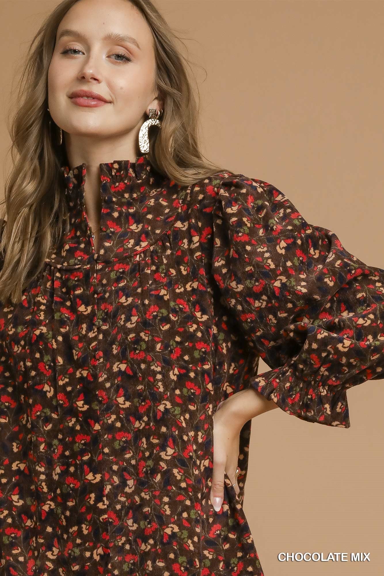  Arianna Corduroy Printed Dress, Chocolate Mix