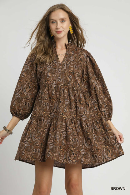  Adaline Paisley Print Mini Dress, Brown