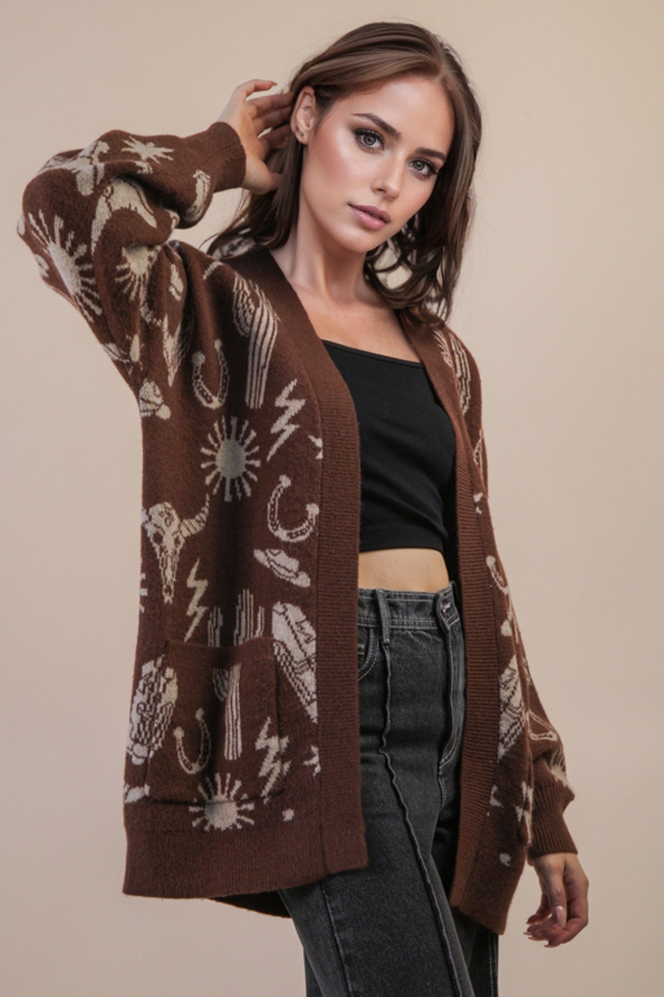  Alina Oversized Western Print Cardigan, Chocolate