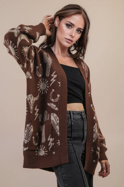  Alina Oversized Western Print Cardigan, Chocolate