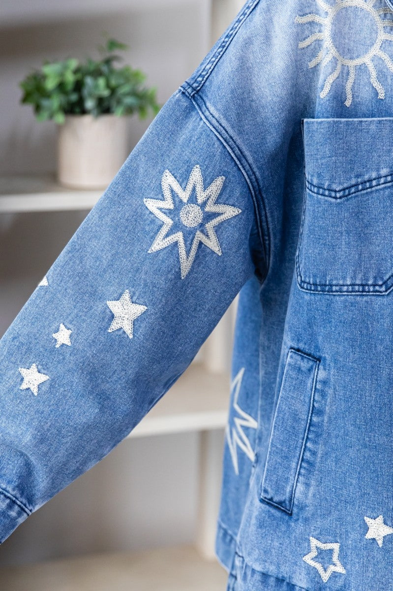  Ashley Embroidered Denim Jacket, Medium Wash