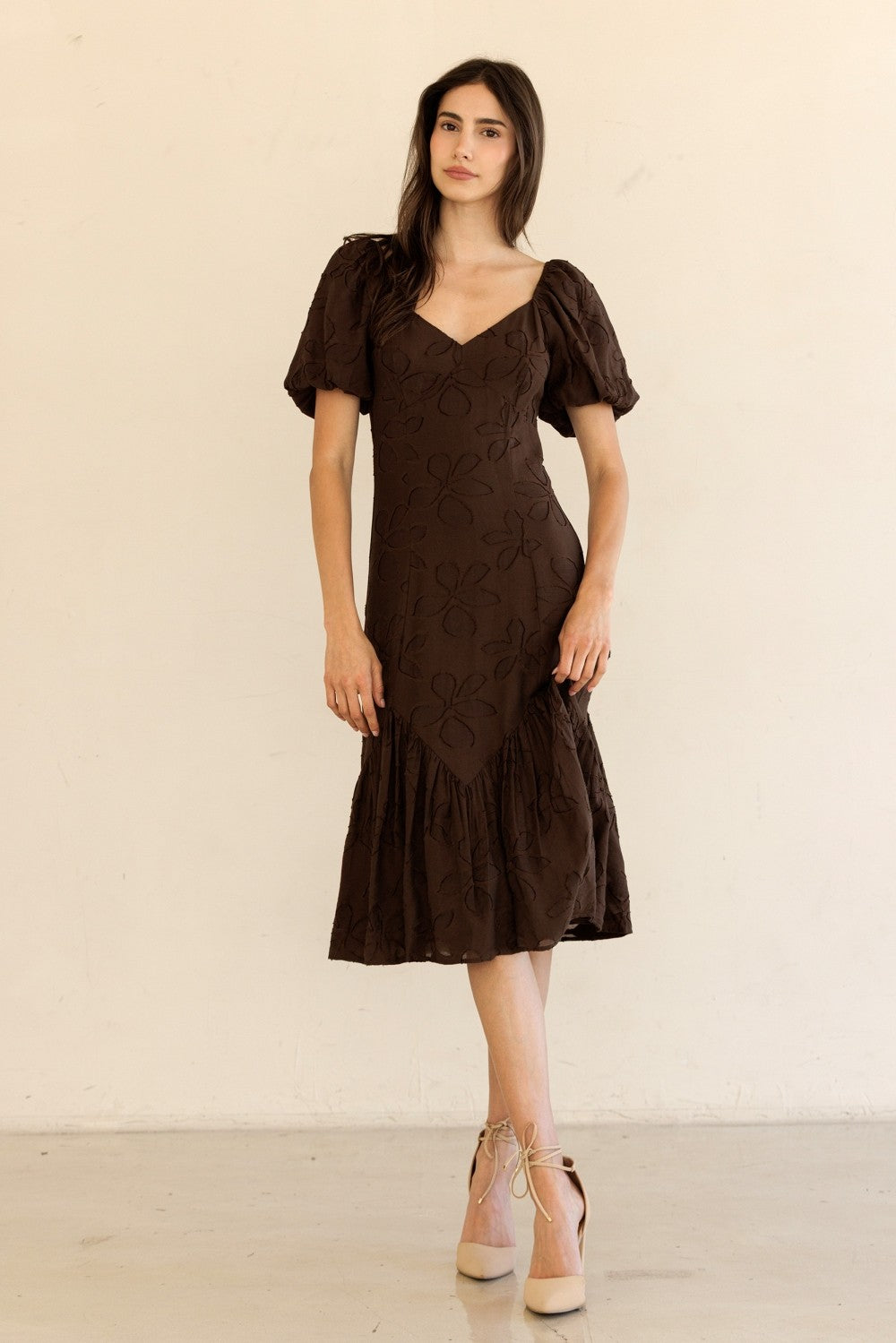  Ana Mesh Flower Midi Dress, Brown