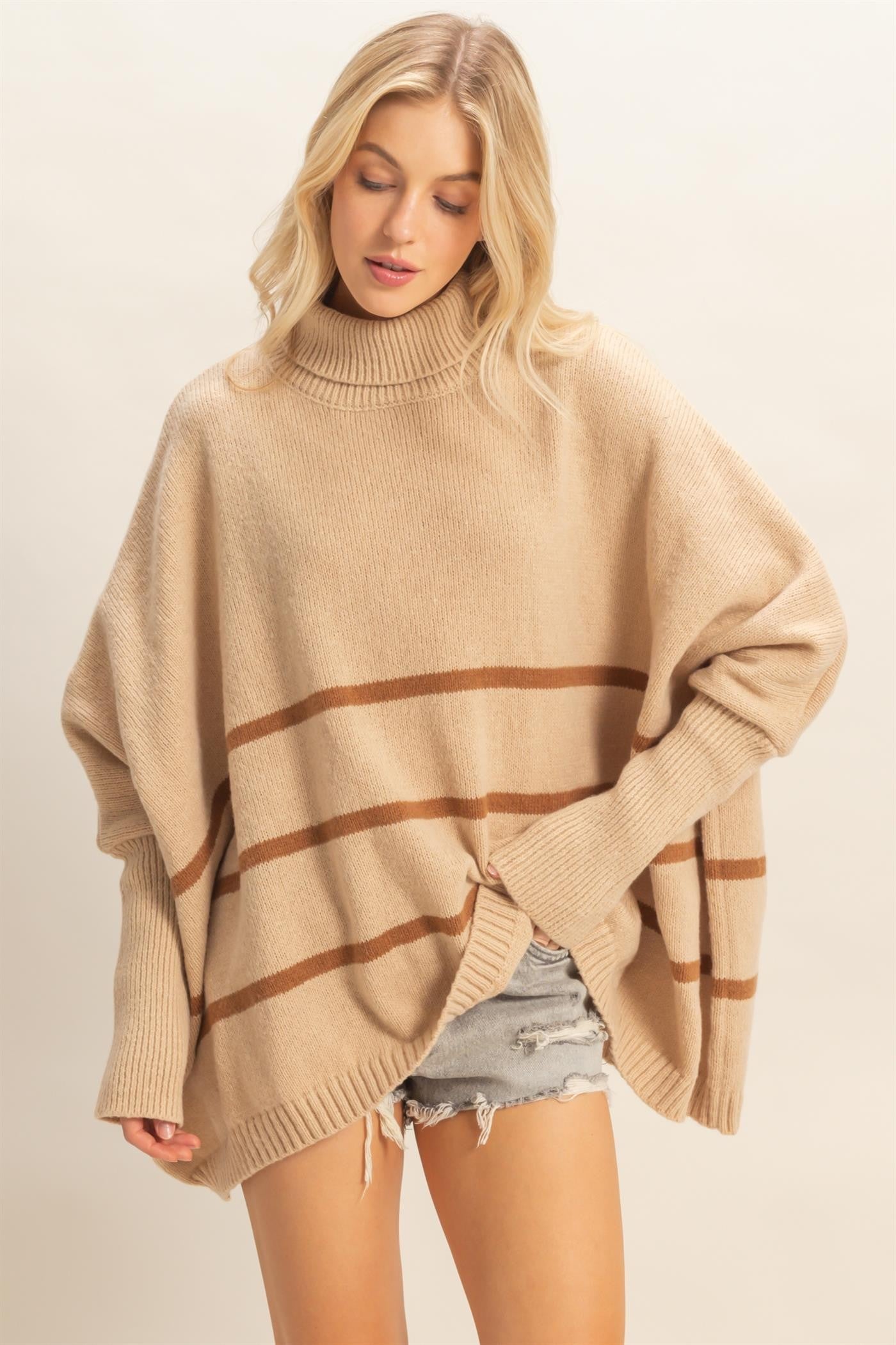  Myra Striped Turtleneck Sweater, Light Taupe
