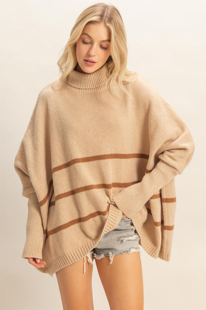  Myra Striped Turtleneck Sweater, Light Taupe