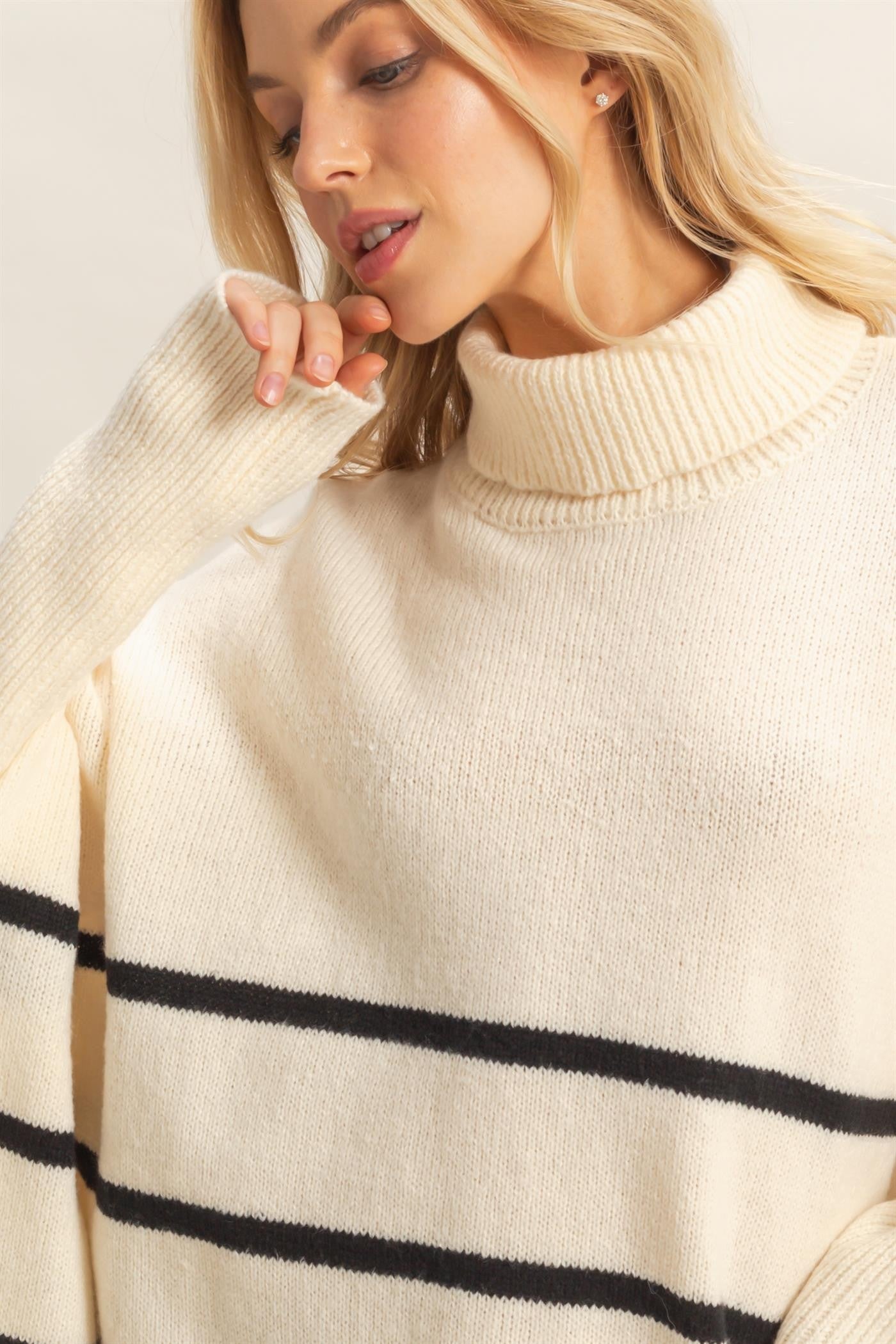  Myra Striped Turtleneck Sweater, Warm White