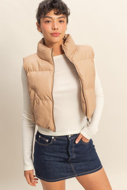  Sofia Cropped Puff Vest, Dark Taupe