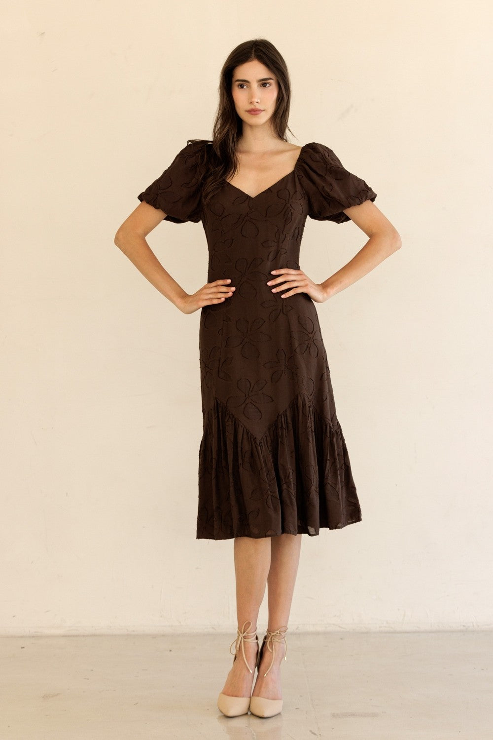  Ana Mesh Flower Midi Dress, Brown