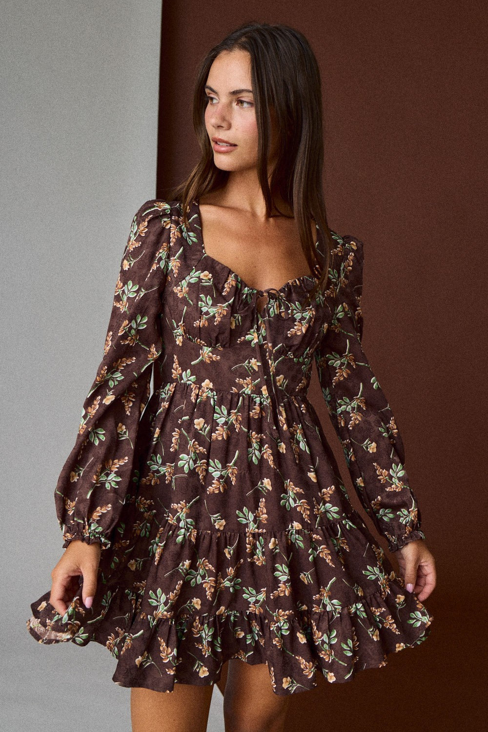  Tiff Floral Mini Dress, Brown