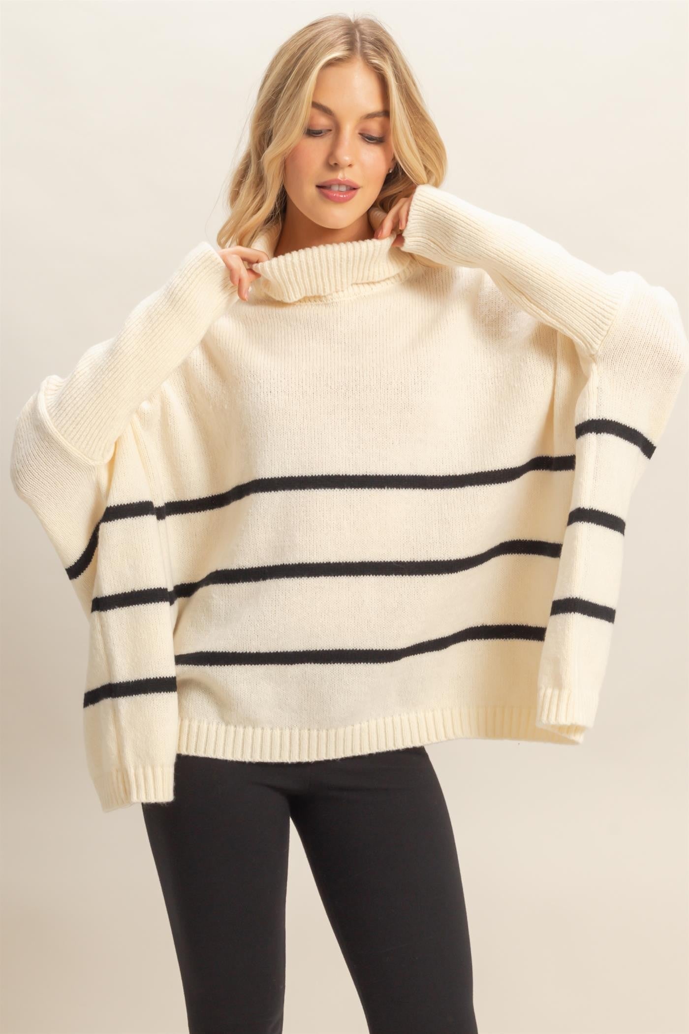  Myra Striped Turtleneck Sweater, Warm White