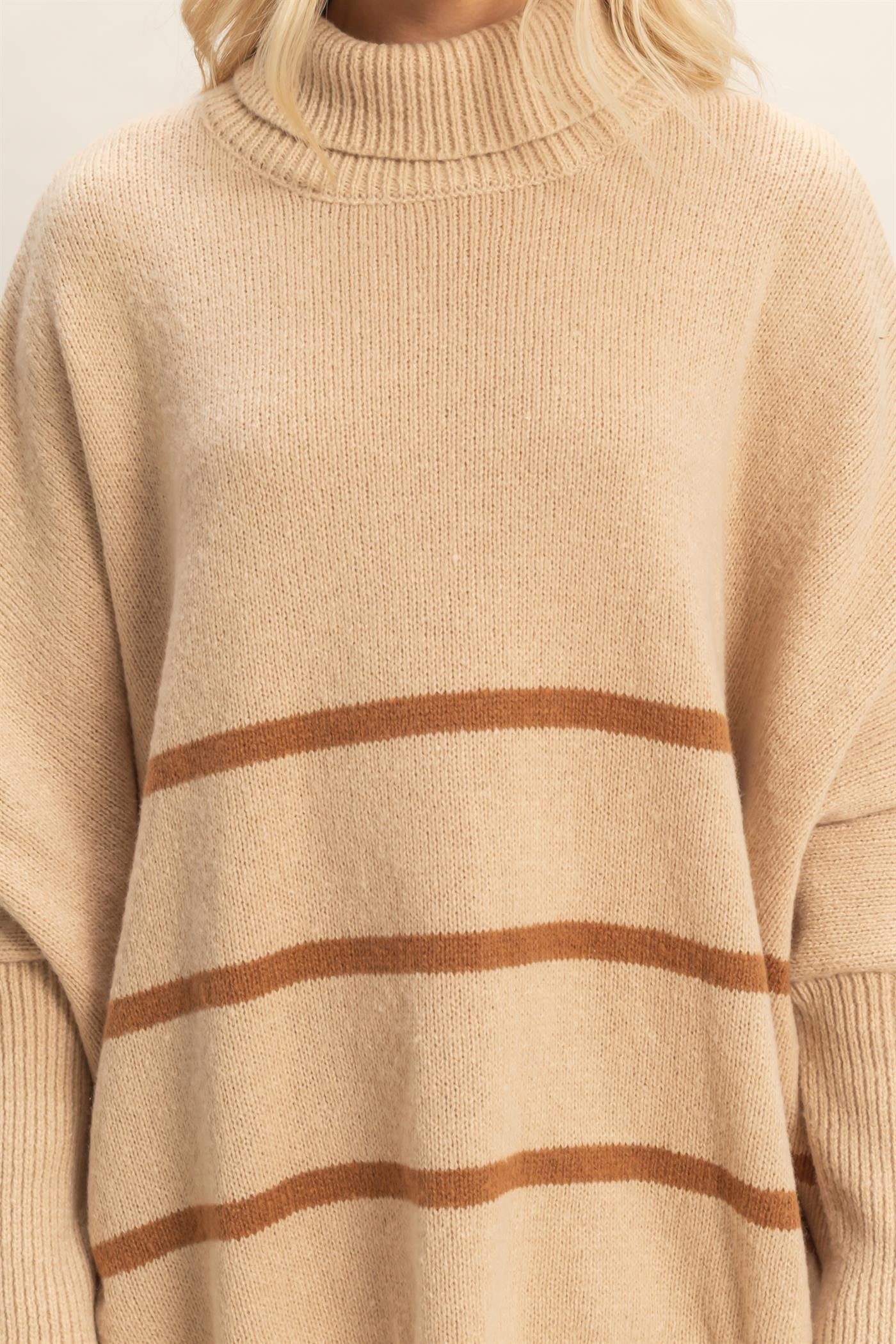  Myra Striped Turtleneck Sweater, Light Taupe