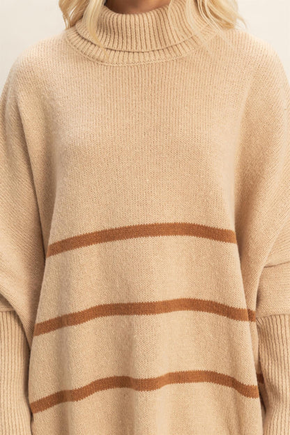  Myra Striped Turtleneck Sweater, Light Taupe