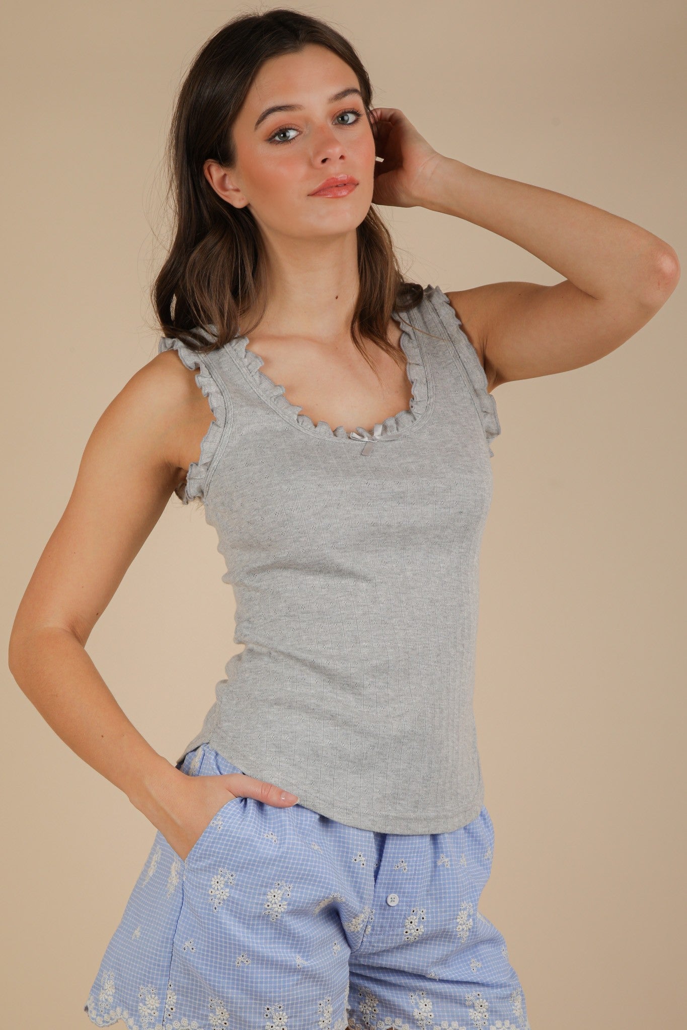  Jazmin Ruffle Trim Scoop Neck Tank, Heather Gray