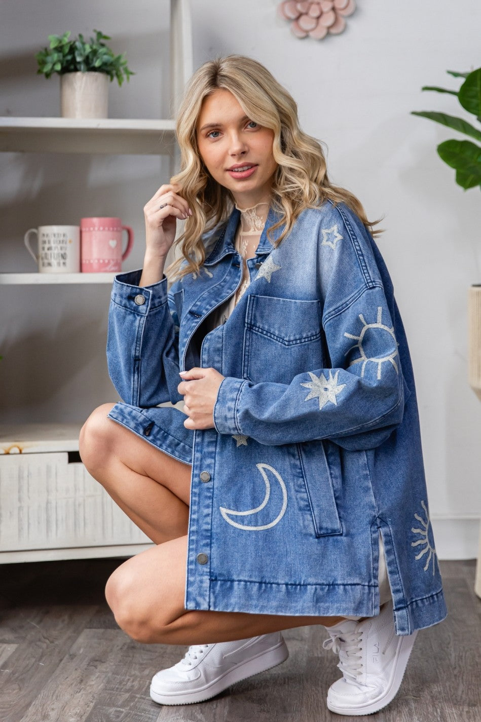  Ashley Embroidered Denim Jacket, Medium Wash
