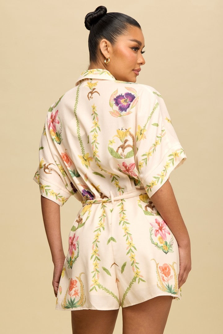  Kayley Floral Shirt Romper, Cream