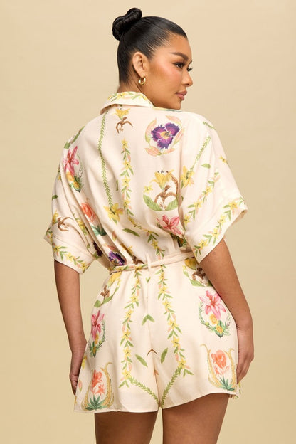  Kayley Floral Shirt Romper, Cream