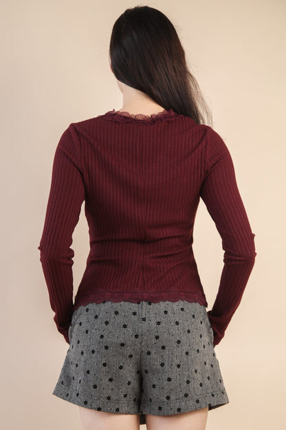  Kendra Lace Trim Knit Top, Wine