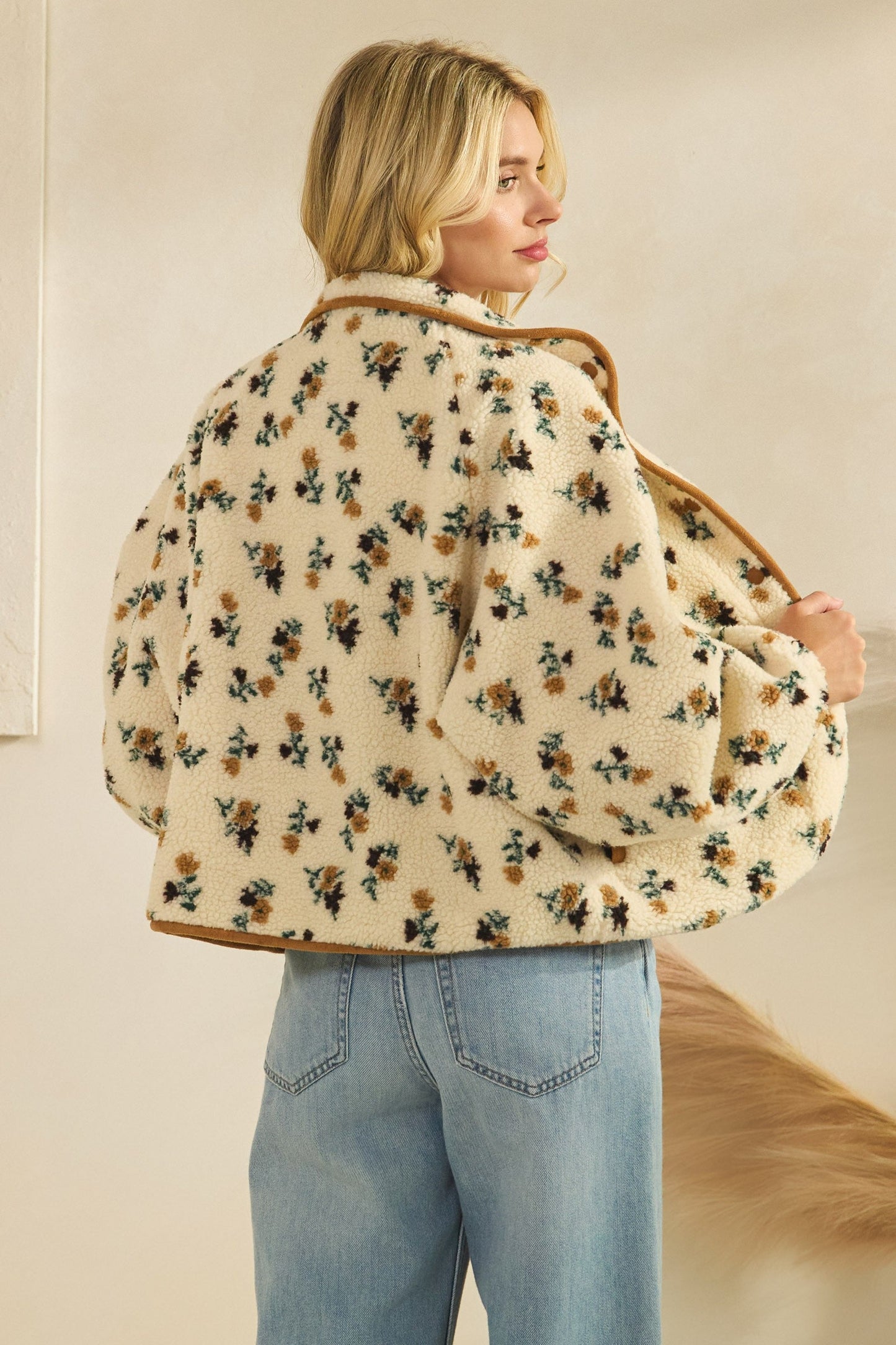  Flora Printed Sherpa Jacket, Brown