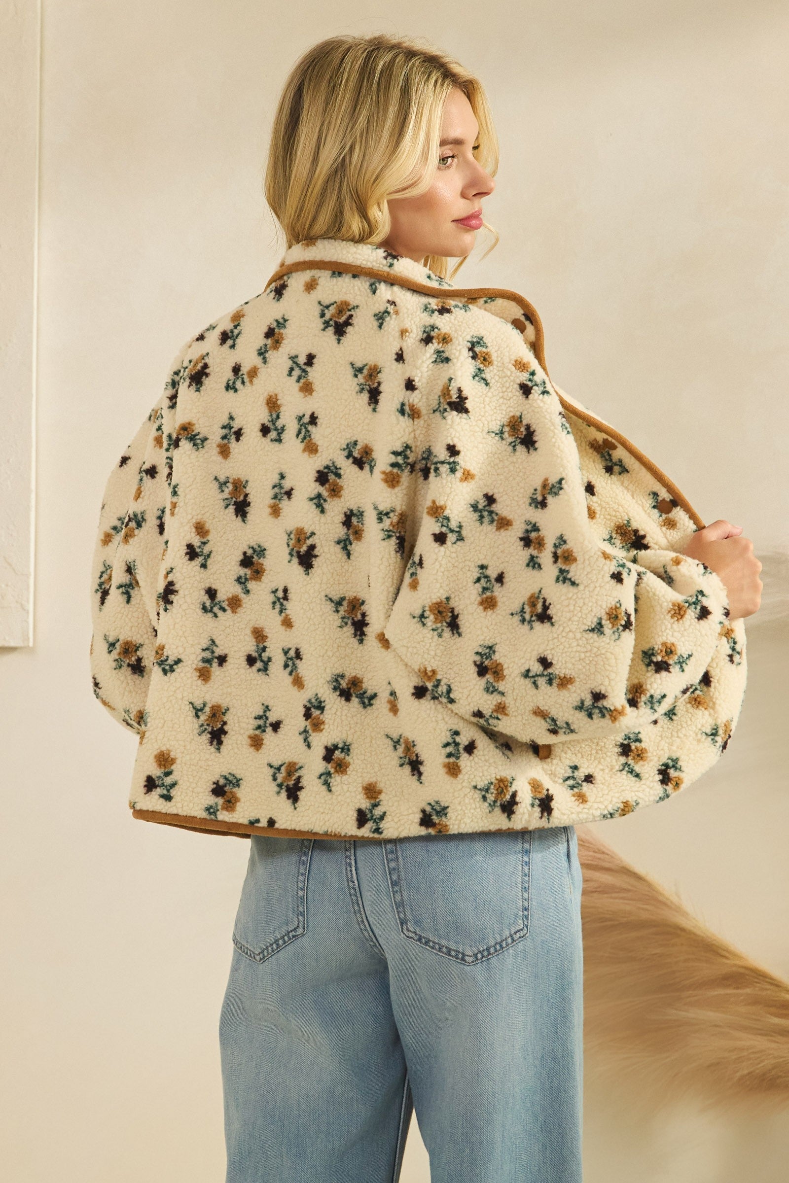  Flora Printed Sherpa Jacket, Brown