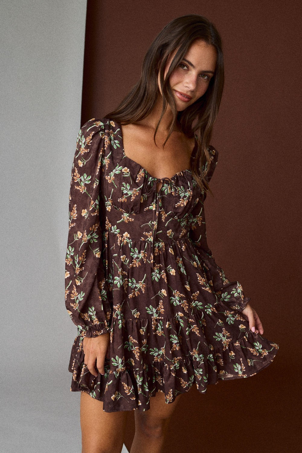  Tiff Floral Mini Dress, Brown