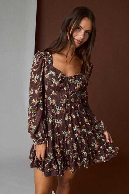  Tiff Floral Mini Dress, Brown