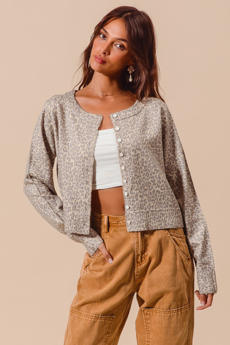  April Leopard Sweater Cardigan, Vintage Oatmeal
