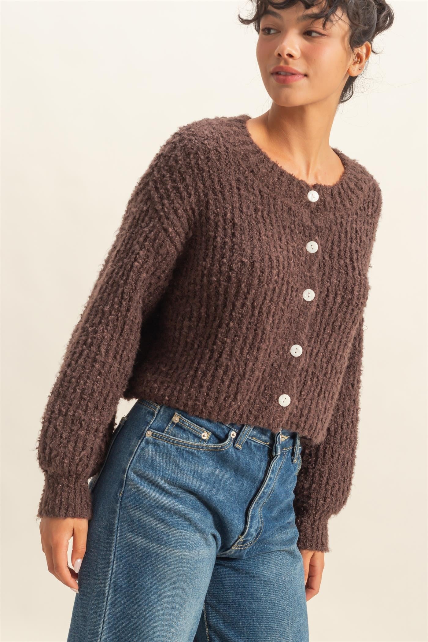  Emberly Fluffy Knit Cardigan, Chestnut