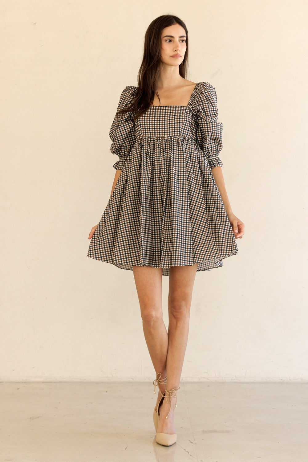  Rumi Square Neck Plaid Mini Dress, Navy/Brown