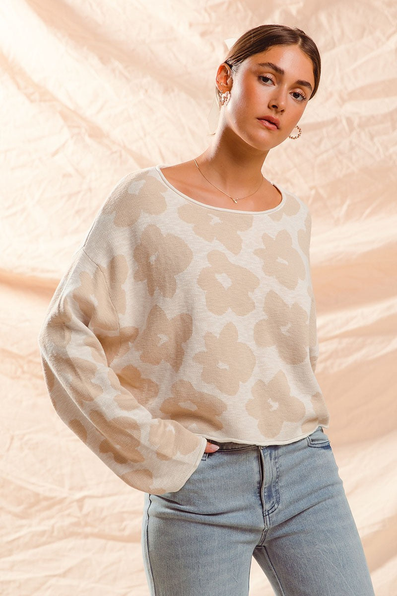  Shiloh Loose Fit Flower Sweater, Oatmeal/Ivory