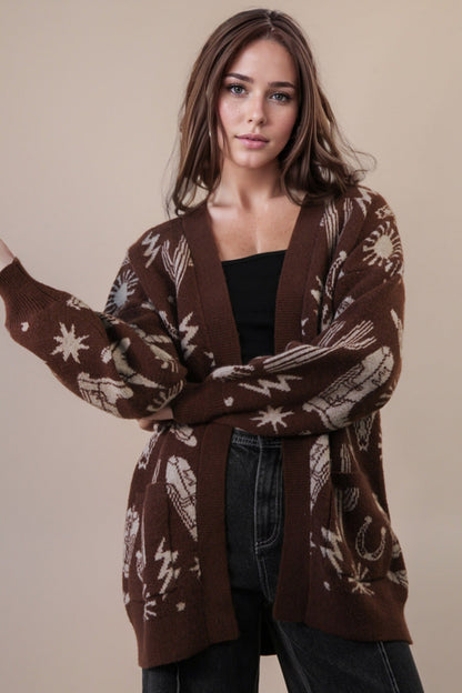  Alina Oversized Western Print Cardigan, Chocolate