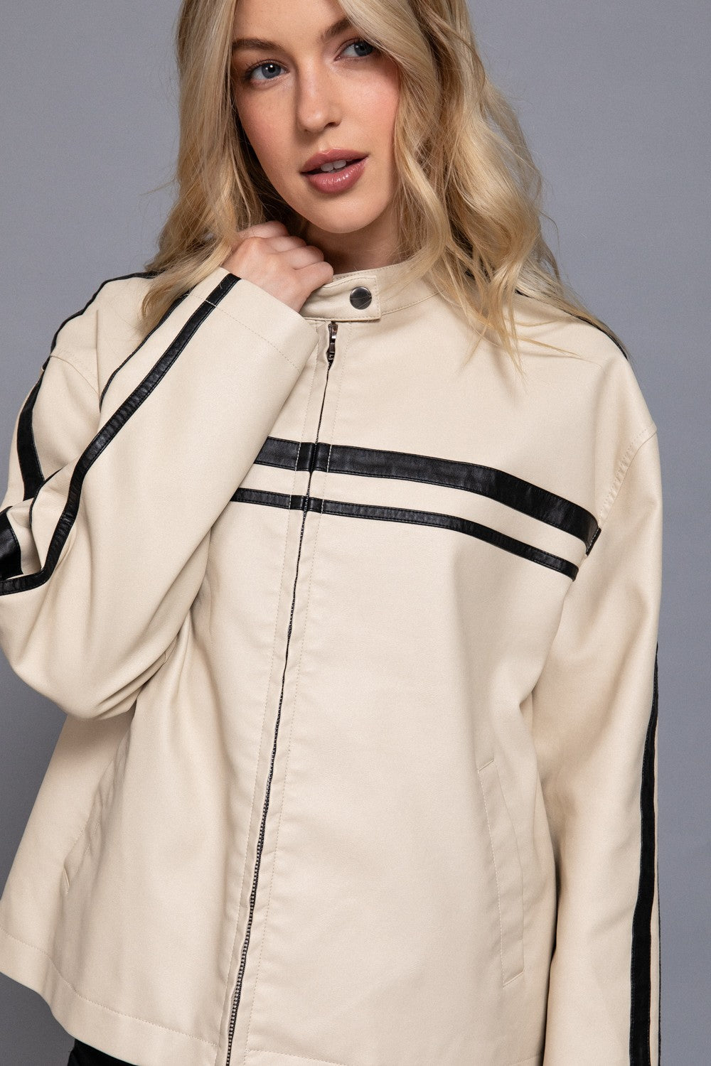  Noa Line Detail Faux Leather Jacket, Ecru