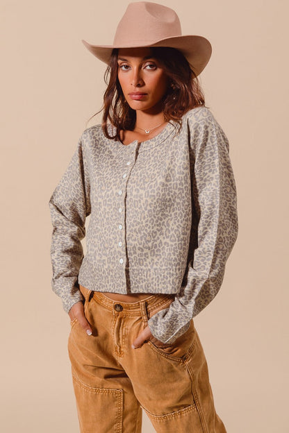  April Leopard Sweater Cardigan, Vintage Oatmeal