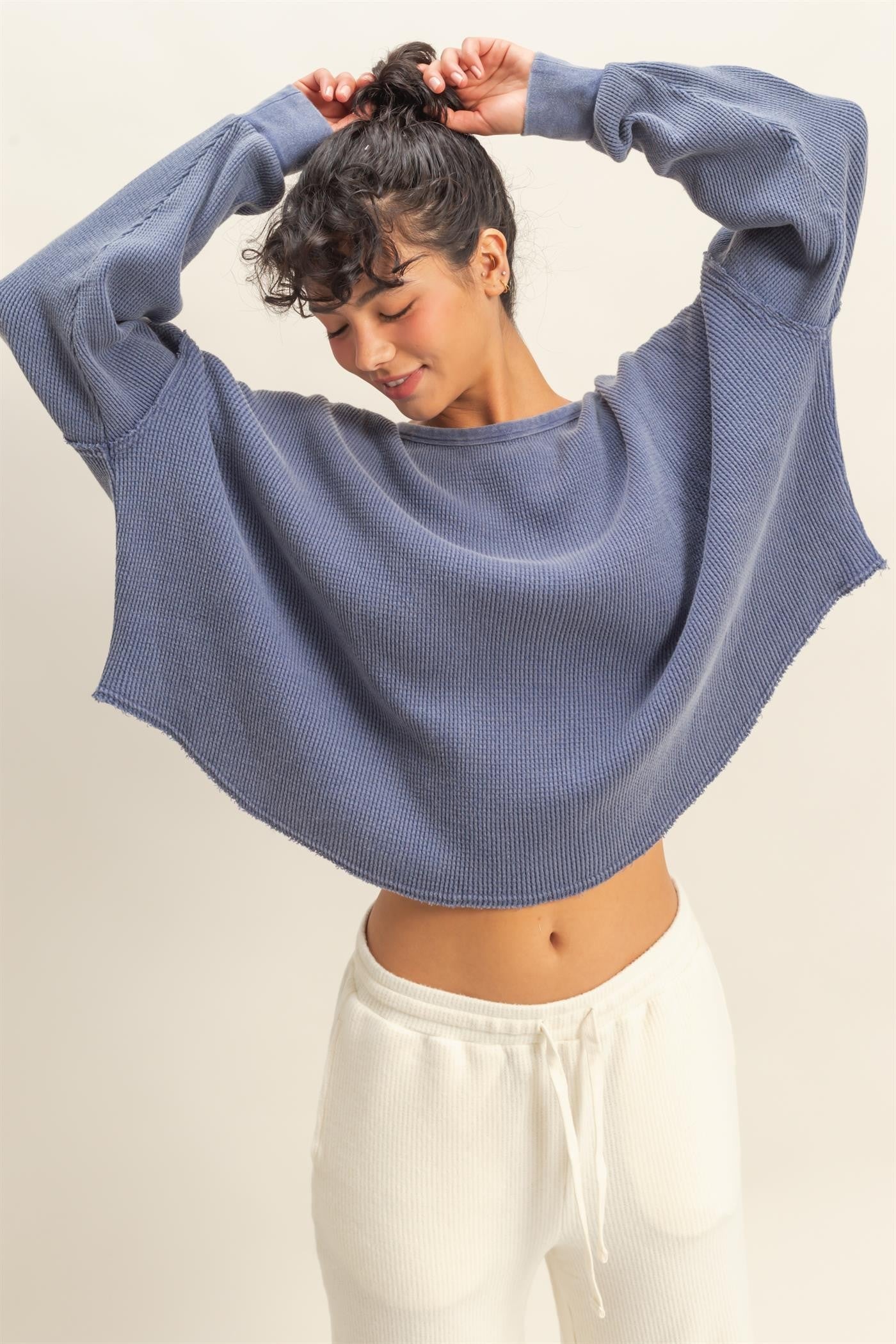  Marlowe Boat Neck Raw Edge Top, Dusty Indigo