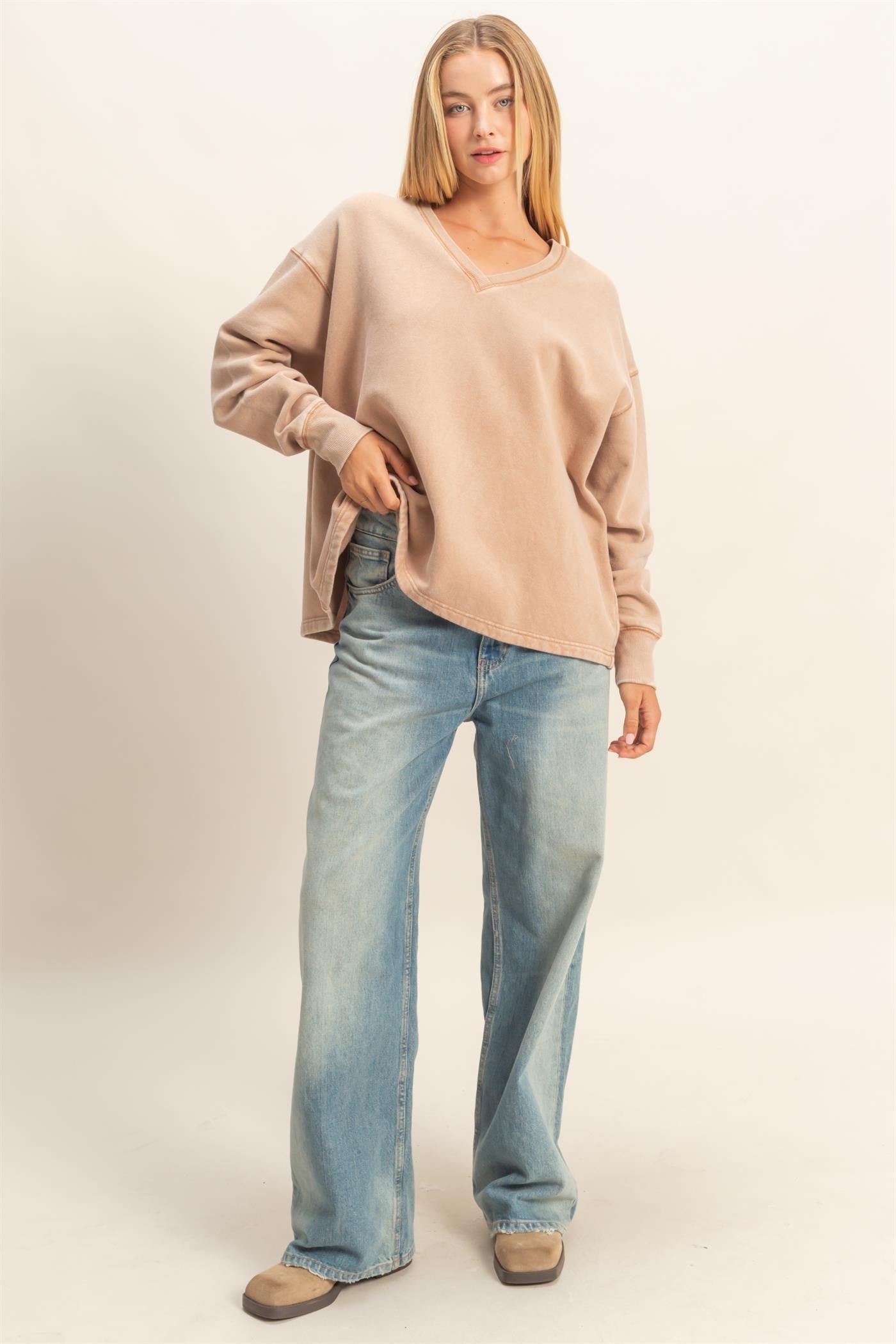  Melody Oversized V-Neck Sweatshirt, Dark Taupe