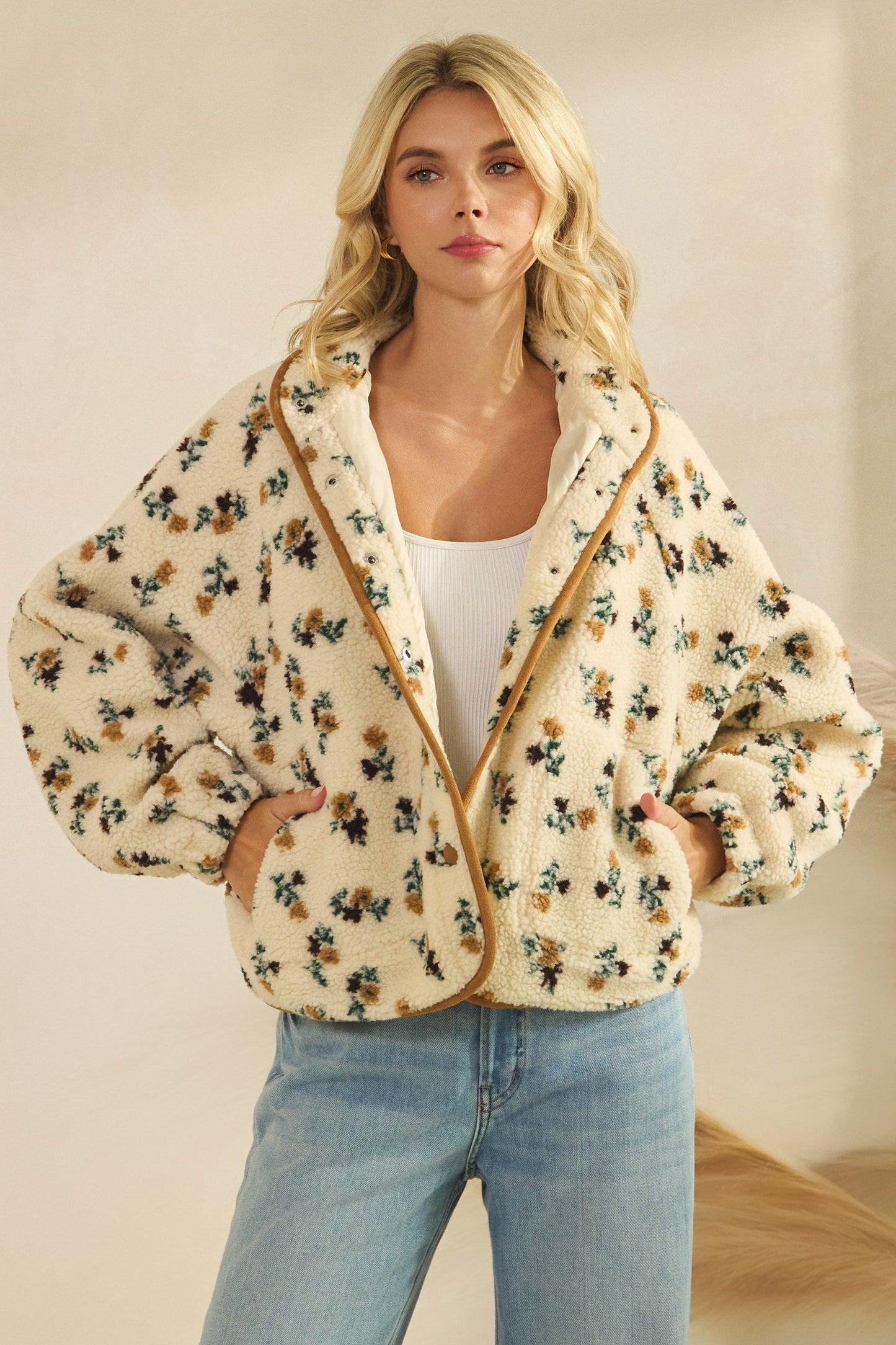  Flora Printed Sherpa Jacket, Brown