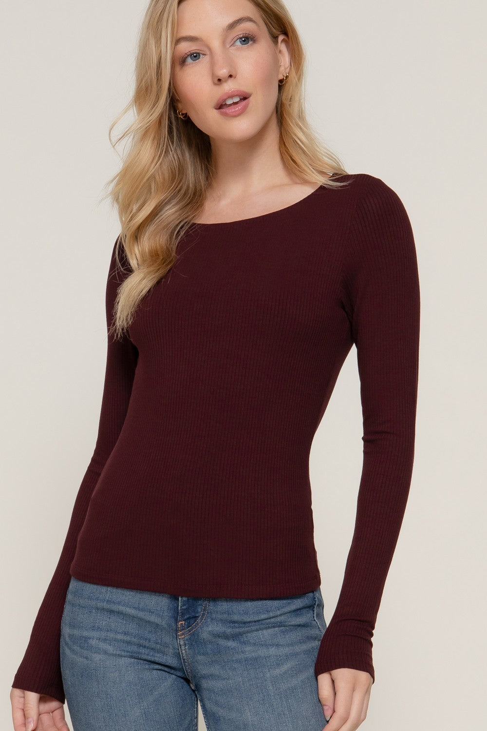  Elowyn Double Layer Rib Knit Tee, Maroon