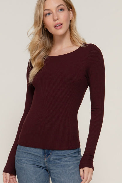  Elowyn Double Layer Rib Knit Tee, Maroon