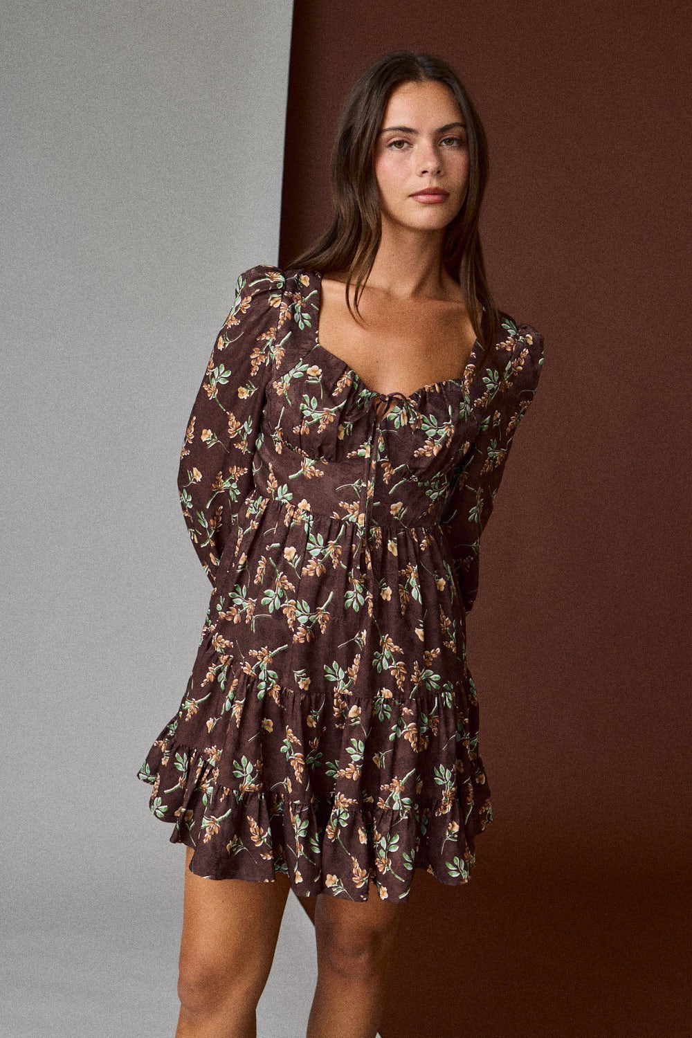  Tiff Floral Mini Dress, Brown
