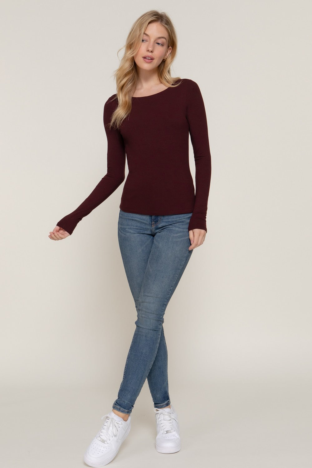  Elowyn Double Layer Rib Knit Tee, Maroon